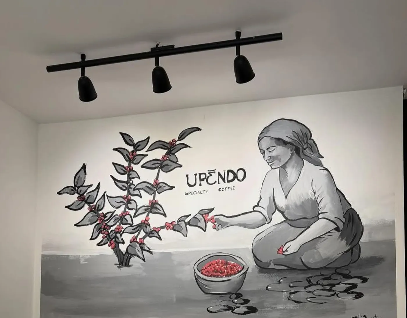 Mural inside the shop: a coffee picker gathering ripe red cherries by hand, painted in black and white with the cherries in red