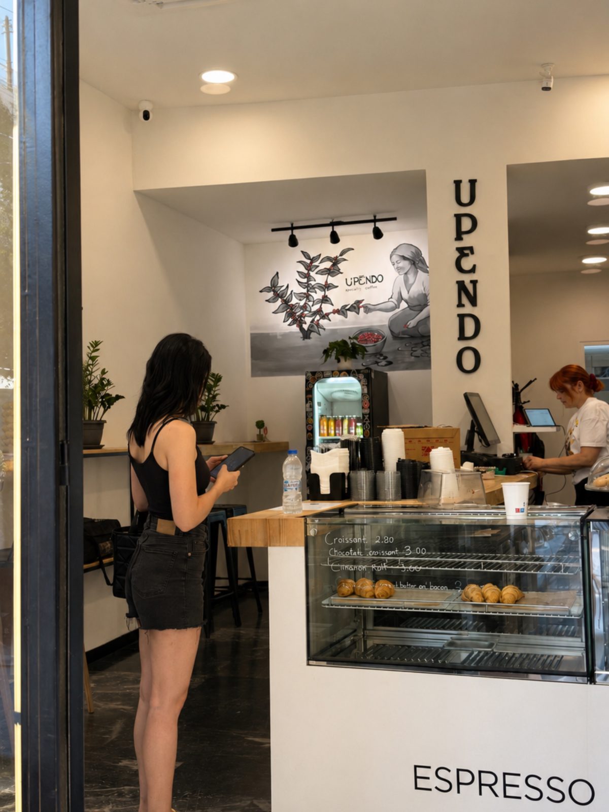 View through the entrance of Upendo in Koukaki, showing the counter, display case, a customer and a team member.